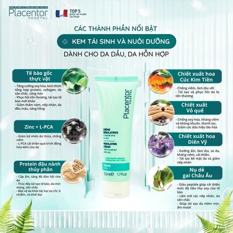 Kem Dưỡng Ẩm Placentor Vegetal Creme Regulatrice Regulating Cream (Dành Cho Da Dầu, Da Hỗn Hợp)