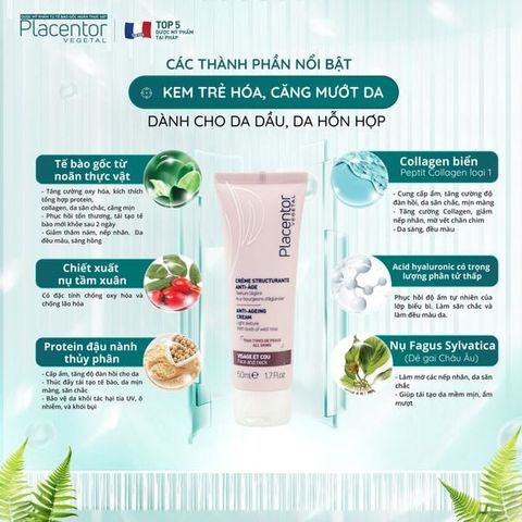Kem Dưỡng Giúp Giảm Nếp Nhăn Placentor Vegetal Creme Structurante Anti-Age Texture Legere Anti-Ageing Cream Light Texture (Da dầu/ hỗn hợp)