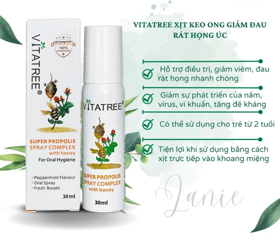Chai xịt giảm đau họng keo ong Vitatree 30ml - Mẫu mới (nhập khẩu, tem phụ)