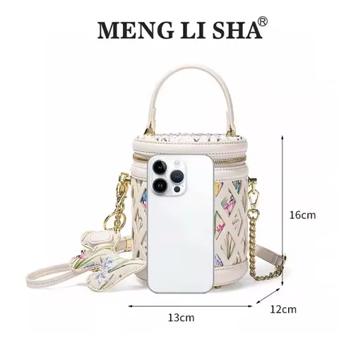 (Hàng V.I.P LIMITED - KHÔNG HỘP) - Túi xách Nữ MENGLISHA Màu Trắng, Thiết Kế Họa Tiết Hoa Văn, Dáng Trụ Tròn