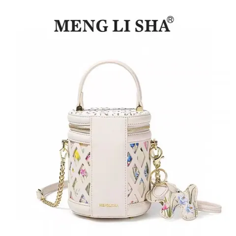 (Hàng V.I.P LIMITED - KHÔNG HỘP) - Túi xách Nữ MENGLISHA Màu Trắng, Thiết Kế Họa Tiết Hoa Văn, Dáng Trụ Tròn