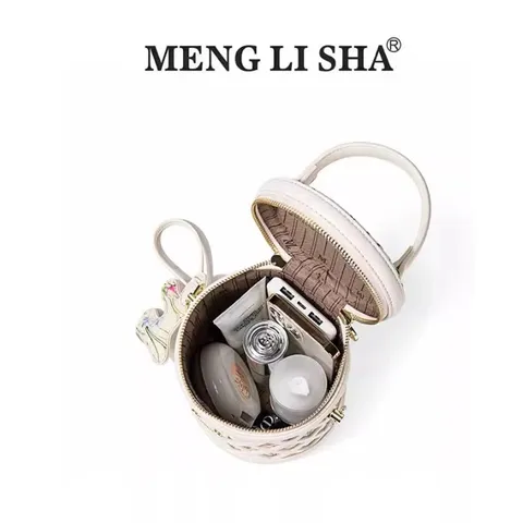 (Hàng V.I.P LIMITED - KHÔNG HỘP) - Túi xách Nữ MENGLISHA Màu Trắng, Thiết Kế Họa Tiết Hoa Văn, Dáng Trụ Tròn