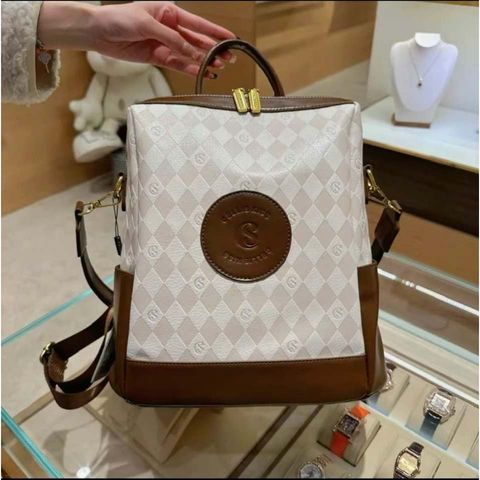 (HÀNG V.I.P) Balo Da CELLIS KISS Size Lớn Đựng Tài Liệu, LAPTOP, Họa Tiết Caro Màu Kem Phối Nâu, Backpack Da Chống Nước