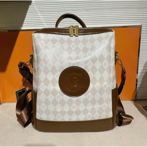 (HÀNG V.I.P) Balo Da CELLIS KISS Size Lớn Đựng Tài Liệu, LAPTOP, Họa Tiết Caro Màu Kem Phối Nâu, Backpack Da Chống Nước