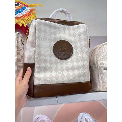 (HÀNG V.I.P) Balo Da CELLIS KISS Size Lớn Đựng Tài Liệu, LAPTOP, Họa Tiết Caro Màu Kem Phối Nâu, Backpack Da Chống Nước