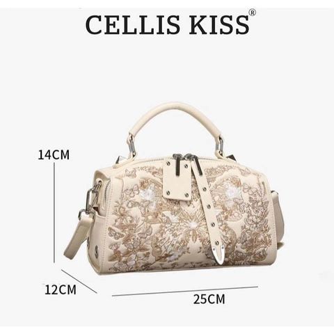 (Hàng V.I.P LIMITED - FULLBOX HÃNG) - Túi xách nữ CELLIS KISS thiết kế túi hộp họa tiết 8D, Màu kem bag, Sang trọng