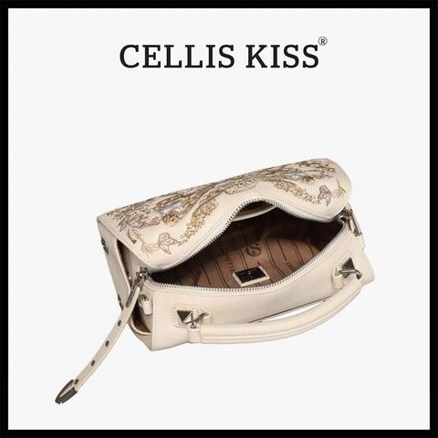 (Hàng V.I.P LIMITED - FULLBOX HÃNG) - Túi xách nữ CELLIS KISS thiết kế túi hộp họa tiết 8D, Màu kem bag, Sang trọng