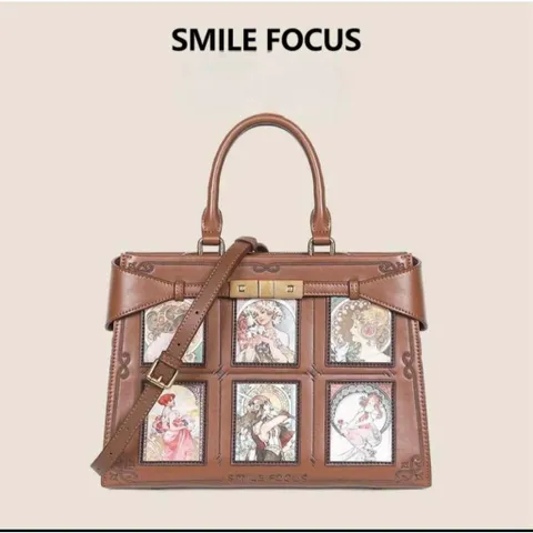 (Hàng V.I.P LIMITED) - Túi xách nữ SMILE FOCUS thời thượng, họa tiết tranh vẽ cổ điển, màu nâu