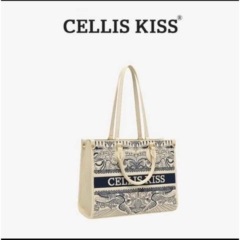 (Hàng V.I.P LIMITED - NO BOX) - Túi xách Tote Nữ CELLIS KISS sức chứa lớn họa tiết thêu thời thượng, đẳng cấp, màu xanh