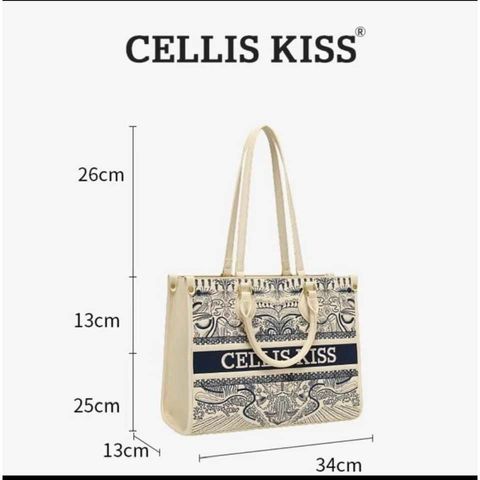 (Hàng V.I.P LIMITED - NO BOX) - Túi xách Tote Nữ CELLIS KISS sức chứa lớn họa tiết thêu thời thượng, đẳng cấp, màu xanh