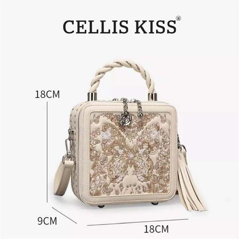 (Hàng V.I.P LIMITED - FULLBOX HÃNG) - Túi xách nữ CELLIS KISS dáng cốp vuông thêu tinh tế, trang nhã