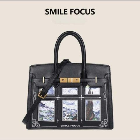 (Hàng V.I.P LIMITED) - Túi xách nữ SMILE FOCUS thời thượng, họa tiết tranh vẽ cổ điển, size lớn, đựng nhiều đồ, màu đen