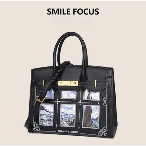 (Hàng V.I.P LIMITED) - Túi xách nữ SMILE FOCUS thời thượng, họa tiết tranh vẽ cổ điển, size lớn, đựng nhiều đồ, màu đen