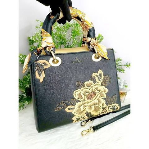 Túi Đi Tiệc Thêu Hoa Vàng Sang Trọng Tặng Kèm Khăn Lụa Size 25
