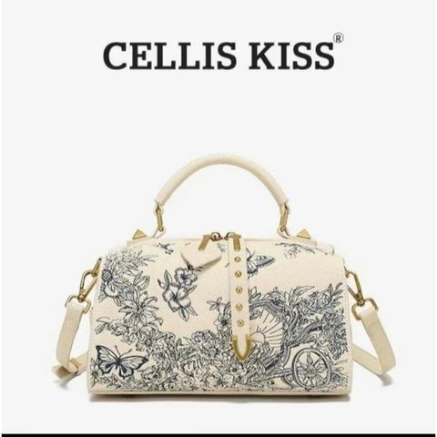 (Hàng V.I.P LIMITED - FULLBOX HÃNG) - Túi xách nữ CELLIS KISS thiết kế túi hộp họa tiết 8D, Màu kem bag xanh, Sang trọng