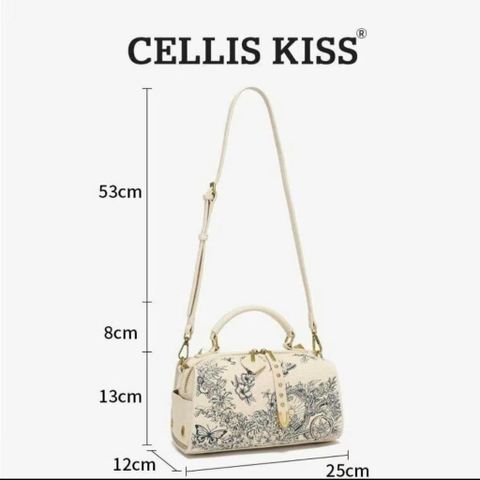 (Hàng V.I.P LIMITED - FULLBOX HÃNG) - Túi xách nữ CELLIS KISS thiết kế túi hộp họa tiết 8D, Màu kem bag xanh, Sang trọng