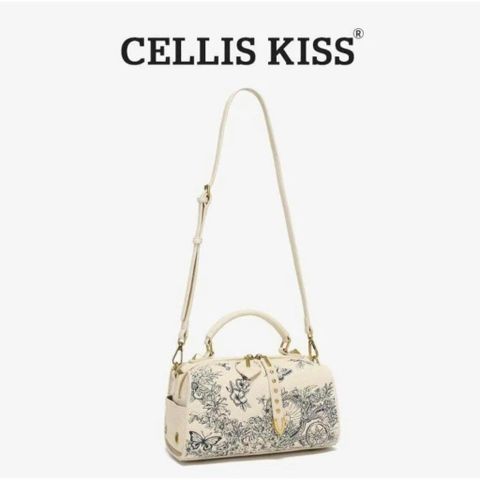 (Hàng V.I.P LIMITED - FULLBOX HÃNG) - Túi xách nữ CELLIS KISS thiết kế túi hộp họa tiết 8D, Màu kem bag xanh, Sang trọng