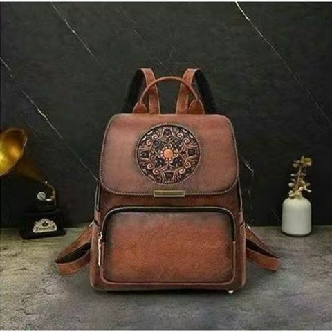 Balo Da Bò Thật, Khắc Hoa Tinh Xảo, Thiết Kế Retro Unisex