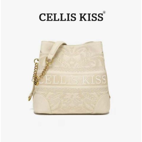 (Hàng V.I.P LIMITED - FULLBOX HÃNG) - Túi xách Nữ CELLIS KISS kiểu gối size to, họa tiết thêu tay sang trọng màu Kem