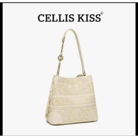 (Hàng V.I.P LIMITED - FULLBOX HÃNG) - Túi xách Nữ CELLIS KISS kiểu gối size to, họa tiết thêu tay sang trọng màu Kem