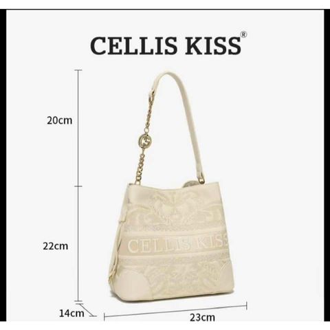 (Hàng V.I.P LIMITED - FULLBOX HÃNG) - Túi xách Nữ CELLIS KISS kiểu gối size to, họa tiết thêu tay sang trọng màu Kem