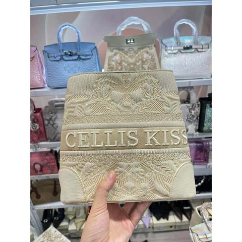 (Hàng V.I.P LIMITED - FULLBOX HÃNG) - Túi xách Nữ CELLIS KISS kiểu gối size to, họa tiết thêu tay sang trọng màu Kem