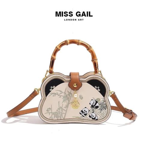 (Hàng V.I.P LIMITED) - Túi HONG KONG MISS GAIL thiết kế phiên bản giới hạn gấu trúc TRẮNG phối tay cầm bằng trúc