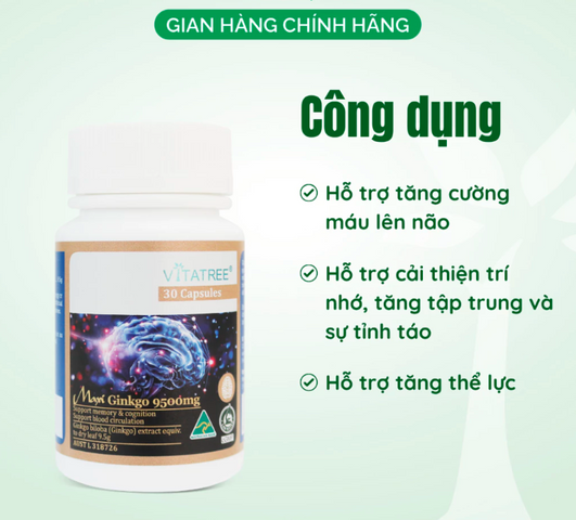 Bổ não Vitatree Maxi Ginkgo 9500mg 30 viên - Úc (Nhập khẩu, tem phụ)