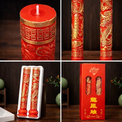 Cặp Nến Long Phụng Đám Cưới Cao Cấp - Đèn Cày Bái Đường Rồng Phượng Khắc Nổi Màu Đỏ Vàng Sang Trọng