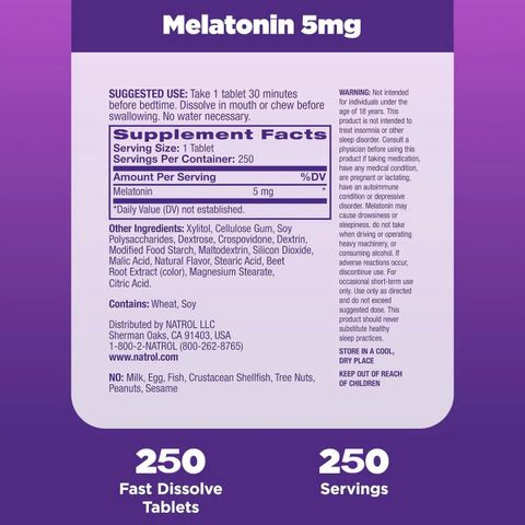 Viên ngậm ngủ ngon Natrol Melatonin 5mg 250 viên của Mỹ