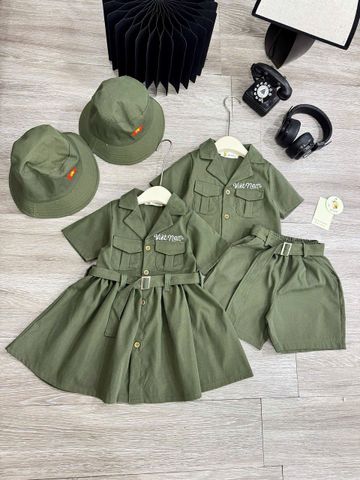 Set bộ xanh bộ đội Việt Nam 30/4 2/9 tặng kèm mũ cho bé trai bé gái mặc đi chơi lễ quốc khánh 8-28kg