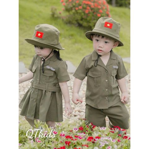 Set bộ xanh bộ đội Việt Nam 30/4 2/9 tặng kèm mũ cho bé trai bé gái mặc đi chơi lễ quốc khánh 8-28kg