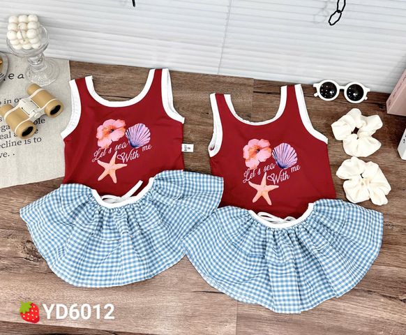 Set ba chi tiết bikini kèm quây kẻ ren và dây chun buộc tóc xinh xắn đáng yêu mùa hè mặc đi bơi cho bé gái 8-28kg