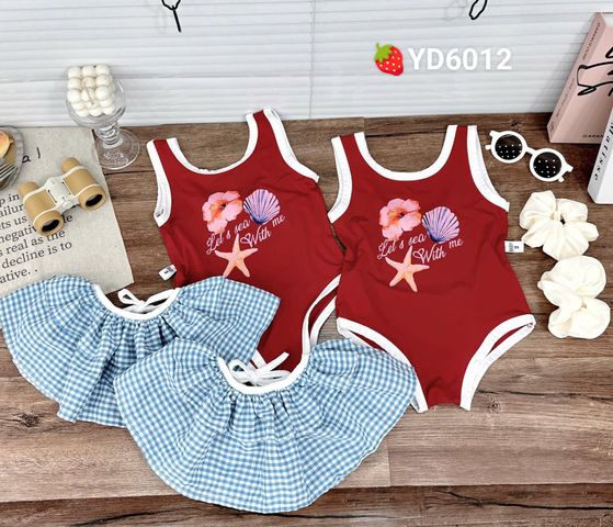 Set ba chi tiết bikini kèm quây kẻ ren và dây chun buộc tóc xinh xắn đáng yêu mùa hè mặc đi bơi cho bé gái 8-28kg