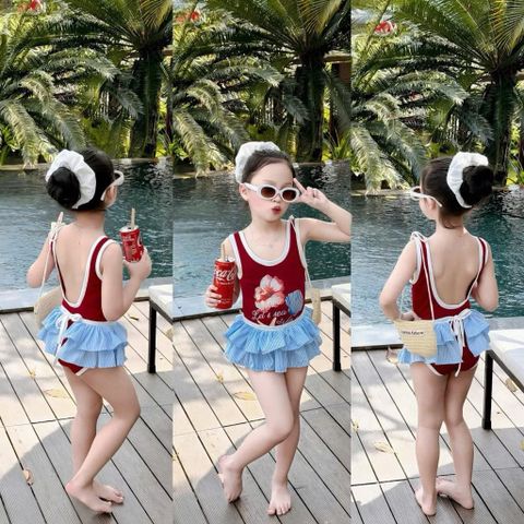 Set ba chi tiết bikini kèm quây kẻ ren và dây chun buộc tóc xinh xắn đáng yêu mùa hè mặc đi bơi cho bé gái 8-28kg