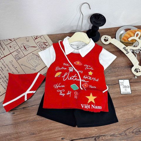 Set bộ Việt Nam 5 chi tiết kèm túi và mũ cho bé trai bé gái mặc đi chơi lễ 30/4 2/9 Quốc Khánh 8-28kg kèm ảnh thật