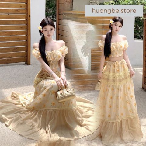Sét đầm maxi 2 mảnh hoạ tiết hoa cúc vàng đi biển, mẫu mới 2026, áo trễ vai + chân váy xoè, chất vải tơ