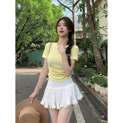 Áo Thun Nữ Babytee Basic nhún eo Trơn Ôm Body Chất Cotton màu Vàng Kem Vani