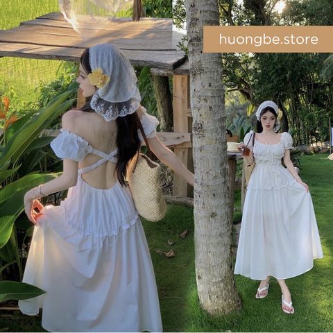 [sẵn] Đầm, Váy trắng Lolita đi biển, hở lưng, dáng dài, bó eo, nhún bèo tầng, cộc tay,tay phồng, cổ vuông, chất thô Nhật