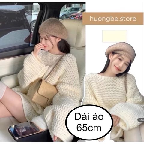 [san]Áo len suông dệt kim sợi to, màu trắng BASIC, dáng dài 65cm, cổ ngang lệch vai, tay áo dài suông rộng