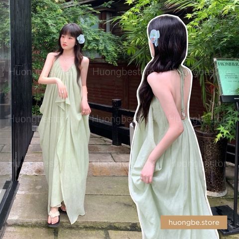 [sẵn] Váy, Đầm maxi cổ yếm xếp ly, dáng bí hở lưng, buộc dây cổ, màu xanh bơ, thiết kế nhiều tà, mẫu mới 2025