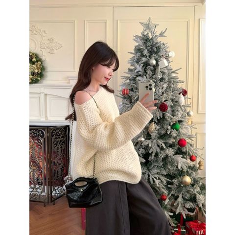 [san]Áo len suông dệt kim sợi to, màu trắng BASIC, dáng dài 65cm, cổ ngang lệch vai, tay áo dài suông rộng
