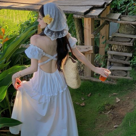 [sẵn] Đầm, Váy trắng Lolita đi biển, hở lưng, dáng dài, bó eo, nhún bèo tầng, cộc tay,tay phồng, cổ vuông, chất thô Nhật