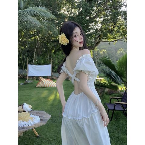 [sẵn] Đầm, Váy trắng Lolita đi biển, hở lưng, dáng dài, bó eo, nhún bèo tầng, cộc tay,tay phồng, cổ vuông, chất thô Nhật