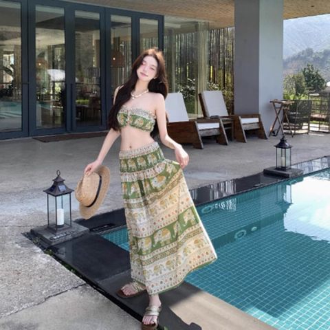 Set Maxi 3 món cúp ngực có mút đi biển hoạ tiết thổ cẩm Thái Lan độc lạ  , màu xanh bơ mẫu 2026, đầm voan hồng