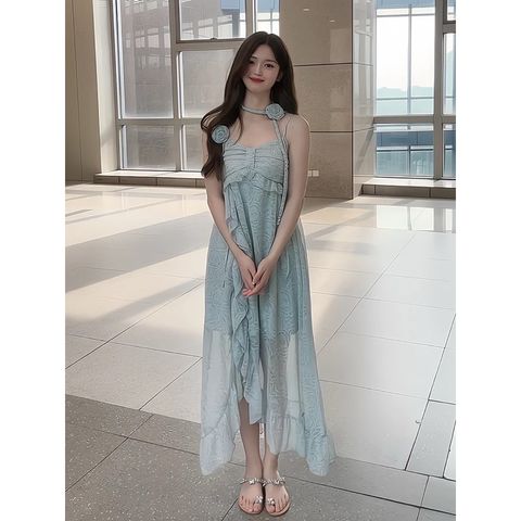 [sẵn] Đầm maxi thiết kế hai dây màu xanh pastel, chất voan hoa hồng, dáng dàu xẻ tà phối bèo 2025