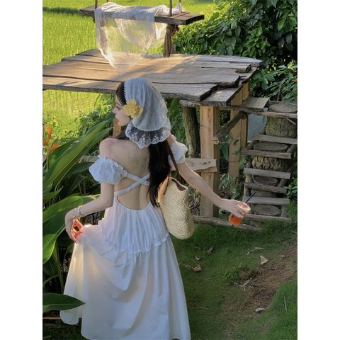 [sẵn] Đầm, Váy trắng Lolita đi biển, hở lưng, dáng dài, bó eo, nhún bèo tầng, cộc tay,tay phồng, cổ vuông, chất thô Nhật
