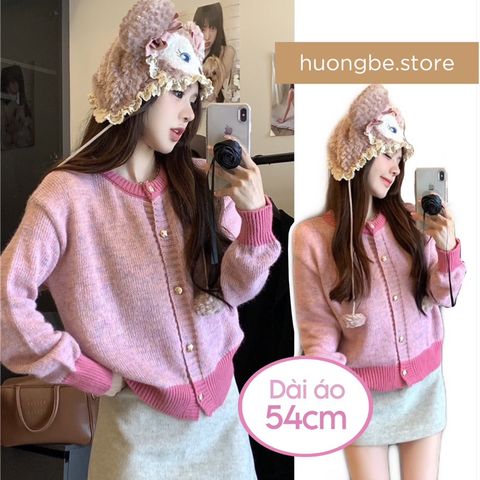 [có size] Áo khoác len hồng, cổ tròn, dài tay, cách điệu mẫu mới 2024