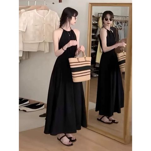 Váy đi biển, đầm Maxi 2 dây đen chấm pi hở lưng, 2 lớp, dễ thương phong cách Hàn Quốc