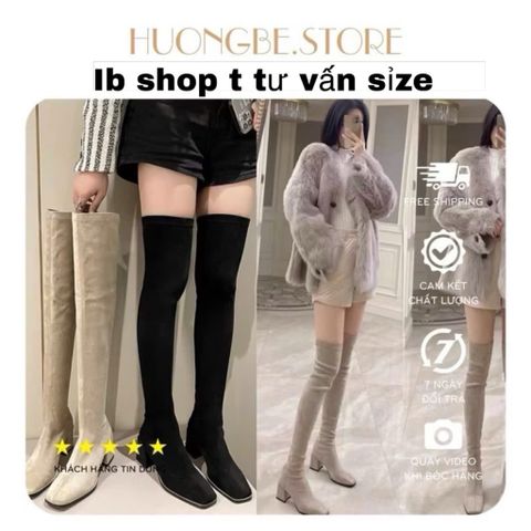 [size35-41] Bốt đùi qua gối, mũi vuông,chất da lộn, lót lông bên trong, gót vuông, trẻ trung Hàn Quốc 6,5cm